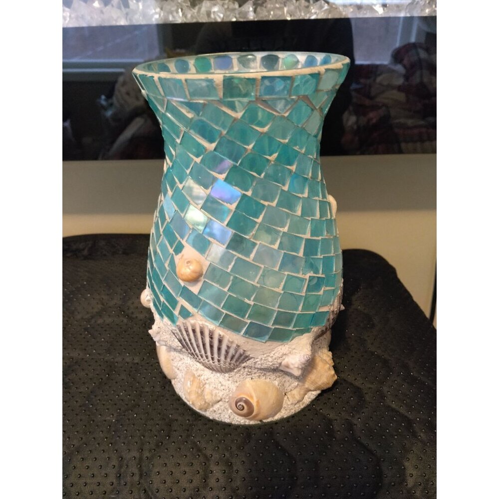 Teal Blue and Green Mosaic Glass Vase Sea Shell Sand Design 9"